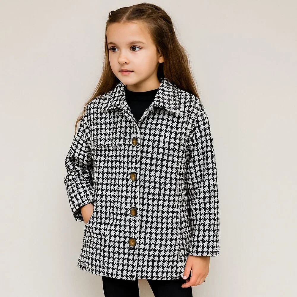 Girls Houndstooth Button Down Tweed Jacket Black White Size 7